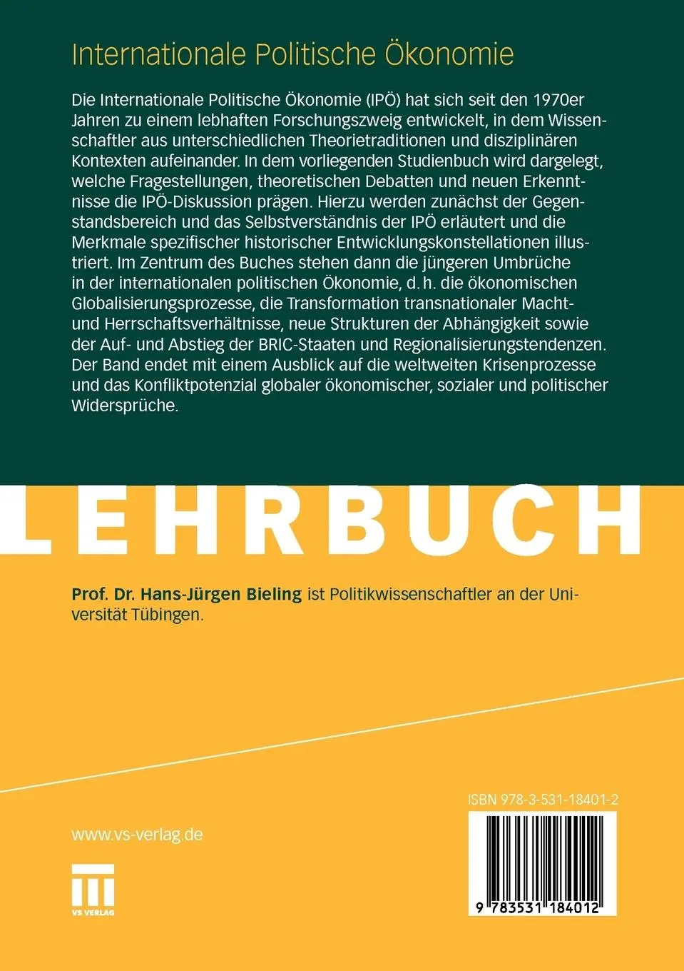 Rückseite: 9783531184012 | Internationale Politische Ökonomie | Eine Einführung | Bieling | Buch