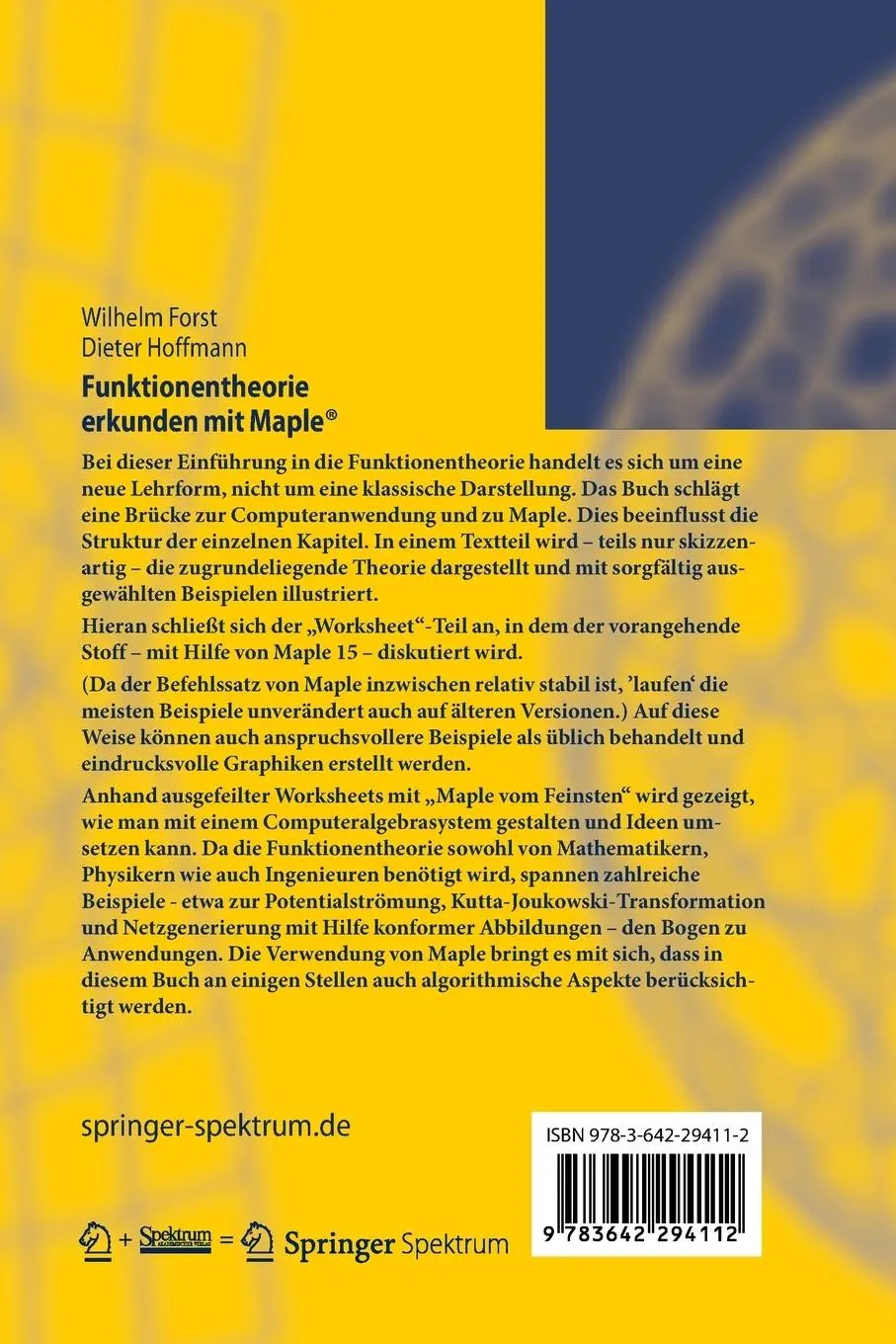 Rückseite: 9783642294112 | Funktionentheorie erkunden mit Maple | Dieter Hoffmann (u. a.) | Buch
