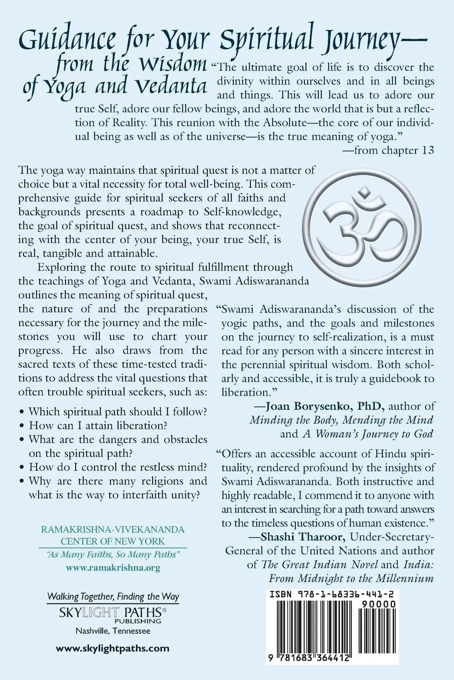 Rückseite: 9781683364412 | The Spiritual Quest and the Way of Yoga | Swami Adiswarananda | Buch