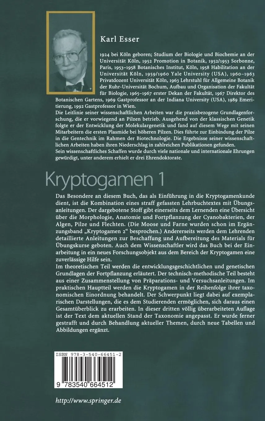 Rückseite: 9783540664512 | Kryptogamen 1 | Karl Esser | Buch | Einband - fest (Hardcover) | 2000 Rückseite: 9783540664512 | Kryptogamen 1 | Karl Esser | Buch | Einband - fest (Hardcover) | 2000