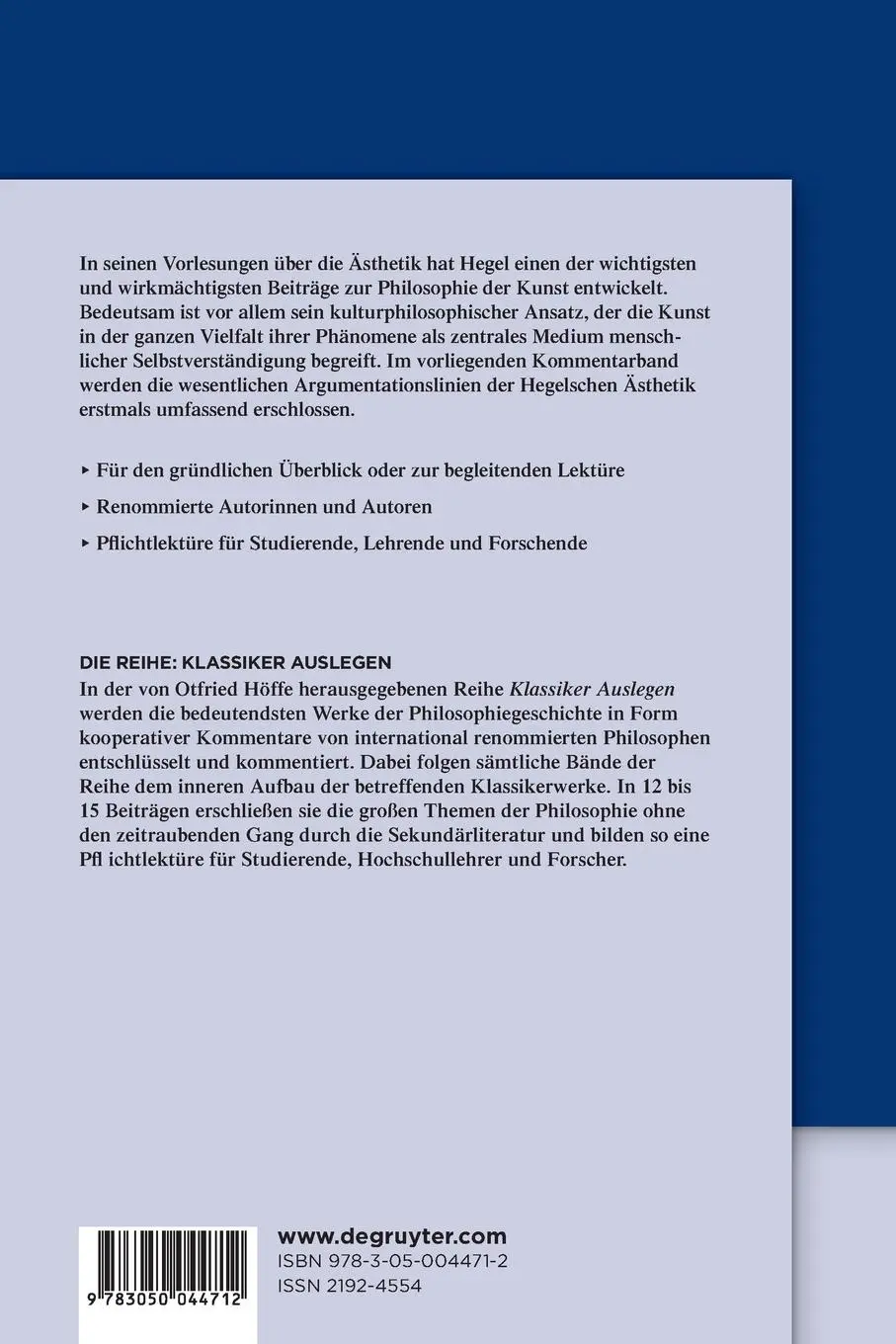 Rückseite: 9783050044712 | G. W. F. Hegel: Vorlesungen über die Ästhetik | Birgit Sandkaulen | X