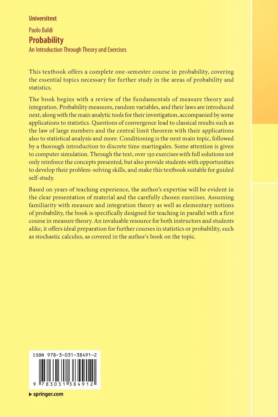 Rückseite: 9783031384912 | Probability | An Introduction Through Theory and Exercises | Baldi