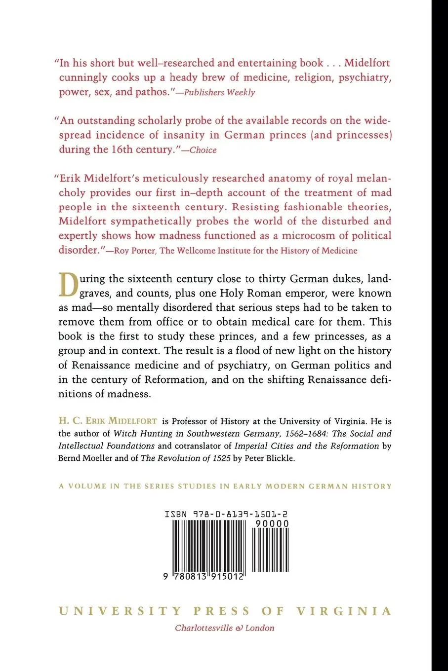 Rückseite: 9780813915012 | Mad Princes of Renaissance Germany | H C Erik Midelfort | Taschenbuch