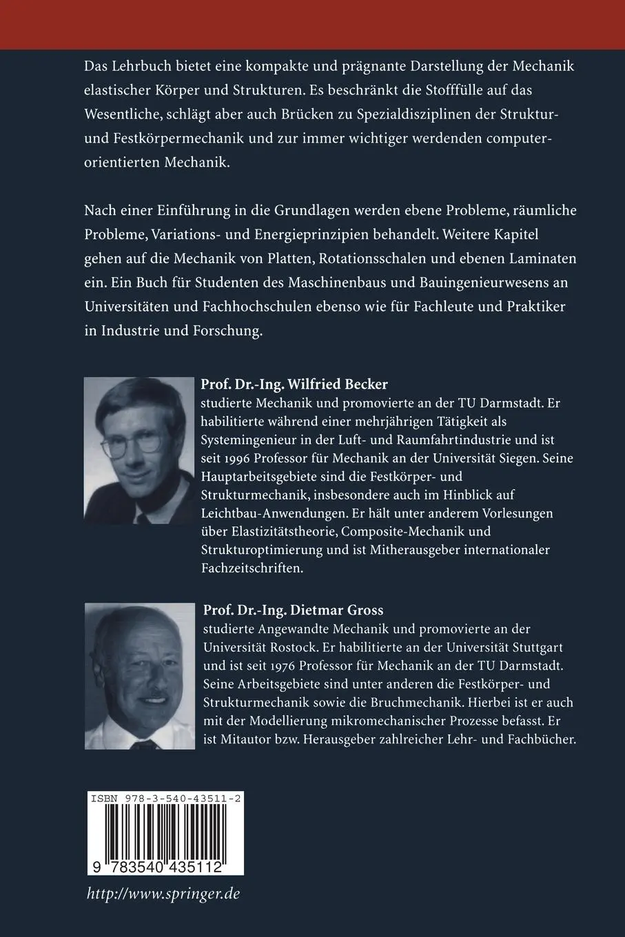 Rückseite: 9783540435112 | Mechanik elastischer Körper und Strukturen | Dietmar Gross (u. a.) | x