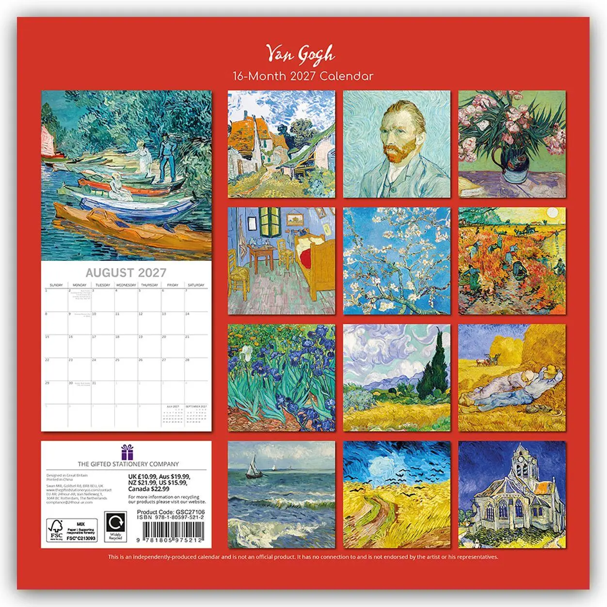 Rückseite: 9781805975212 | Vincent van Gogh 2027 - 16-Monatskalender | Gifted Stationery Co. Ltd