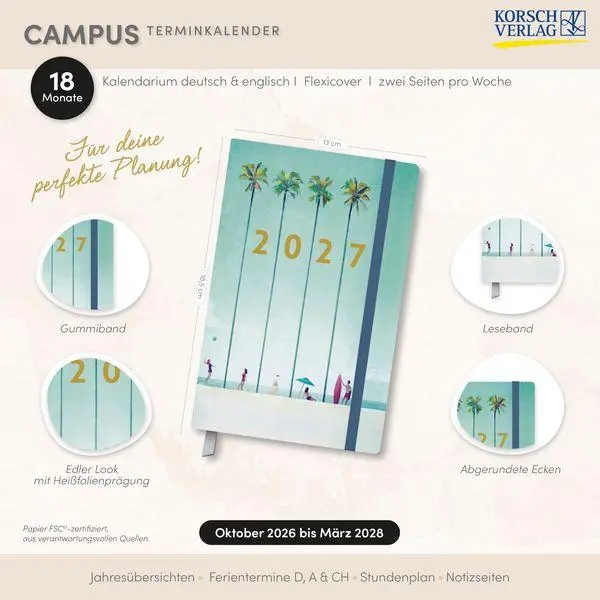 Bild: 9783819305412 | Terminkalender Campus Palmen 18 Monate 2027/2028 | Korsch Verlag
