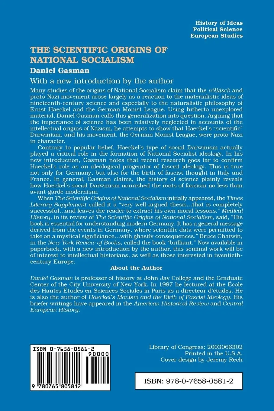 Rückseite: 9780765805812 | The Scientific Origins of National Socialism | Daniel Gasman | Buch
