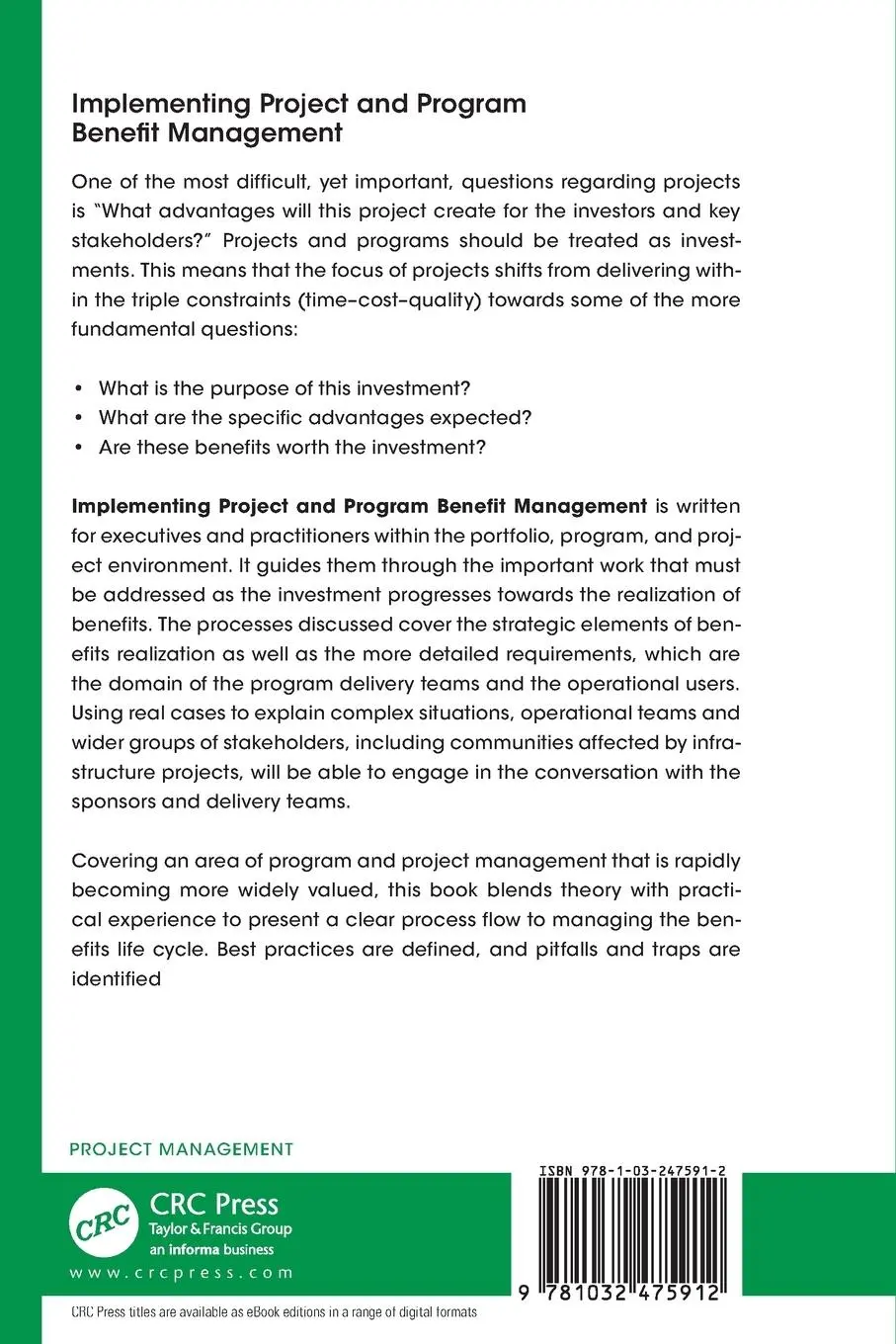 Rückseite: 9781032475912 | Implementing Project and Program Benefit Management | Kenn Dolan