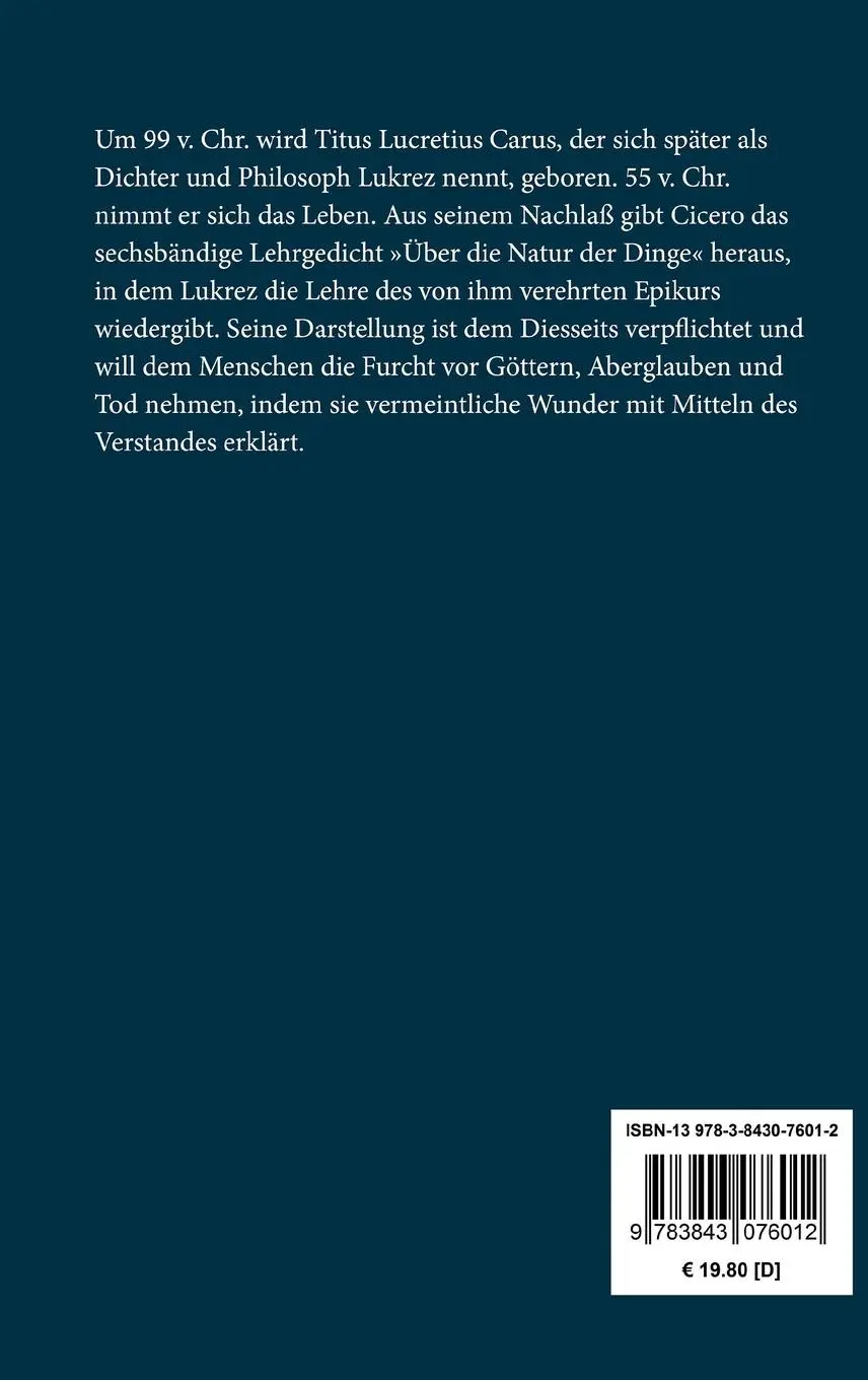 Rückseite: 9783843076012 | Über die Natur der Dinge | Lukrez | Buch | 232 S. | Deutsch | 2015