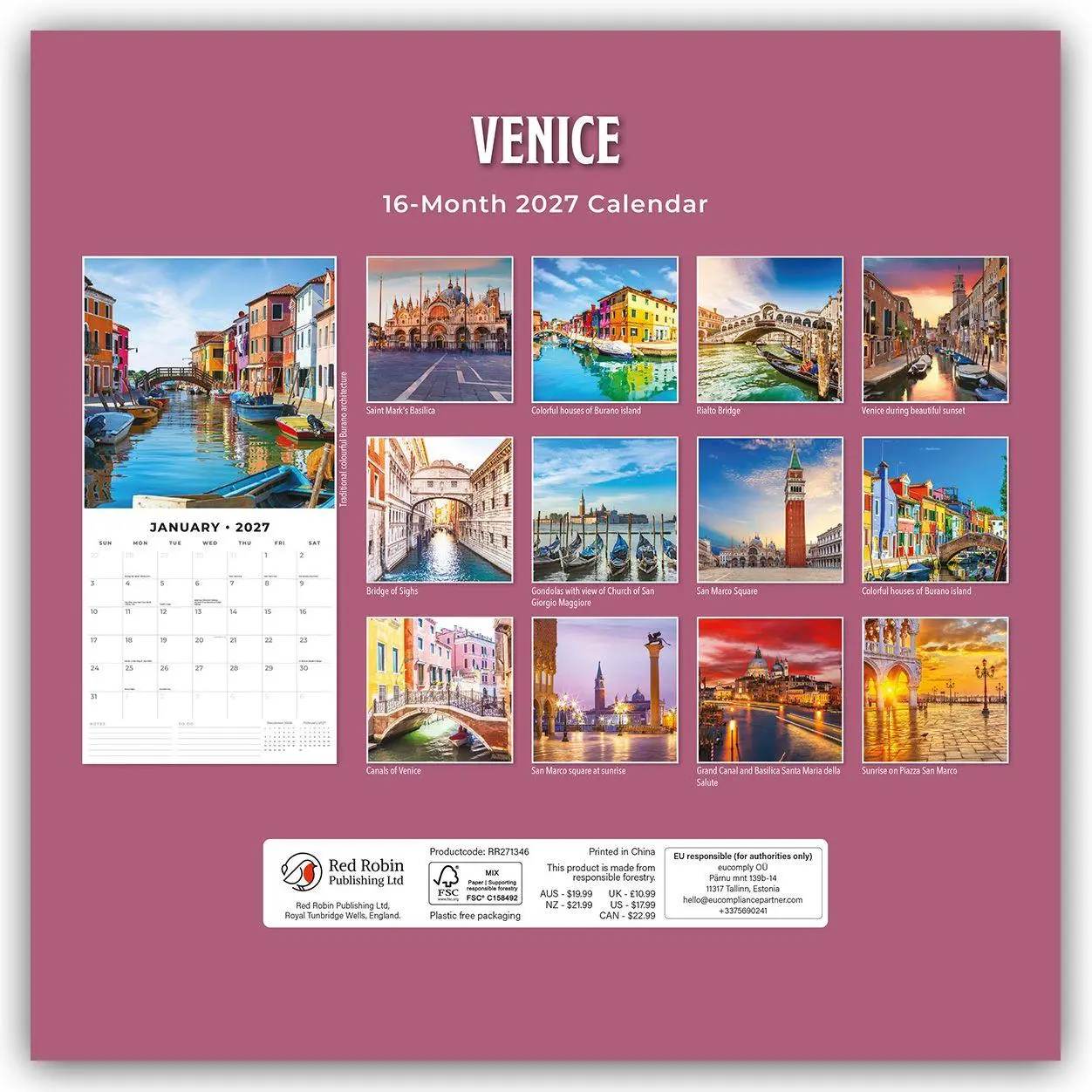 Rückseite: 9781837016112 | Venice - Venedig 2027 - 16-Monatskalender | Robin Red | Kalender
