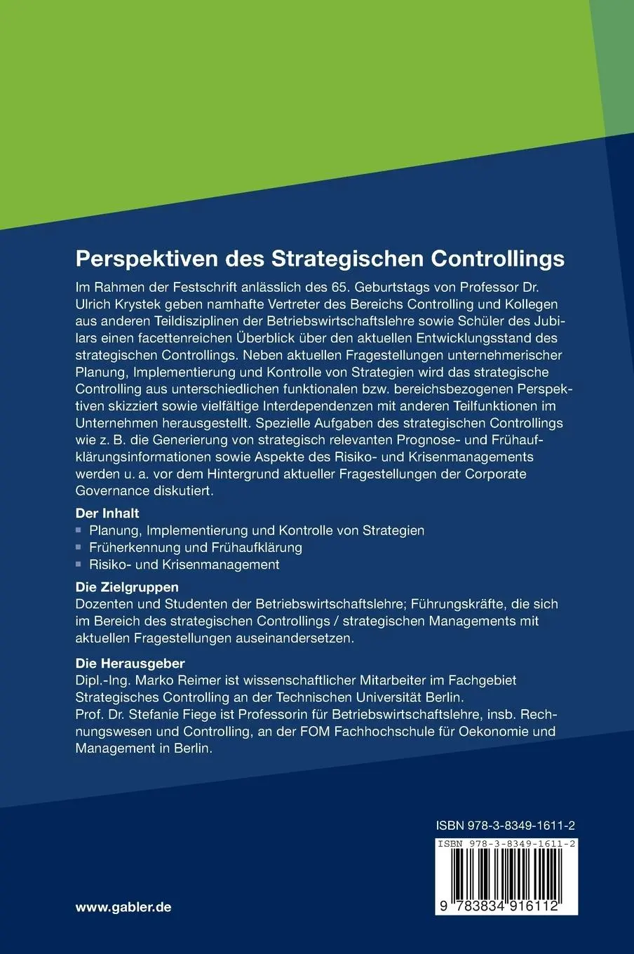 Rückseite: 9783834916112 | Perspektiven des Strategischen Controllings | Marko Reimer (u. a.)