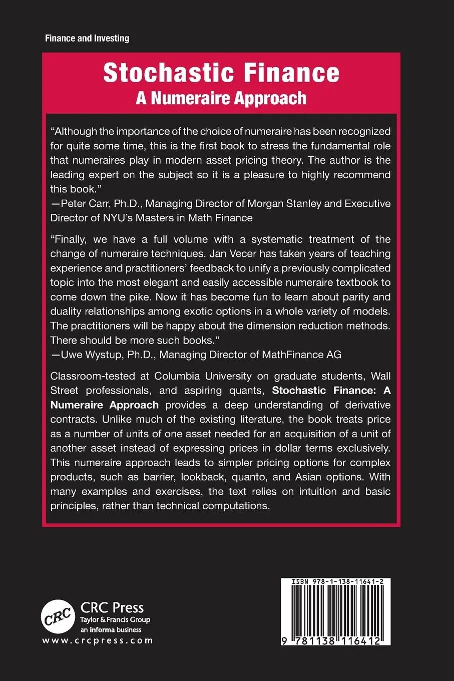 Rückseite: 9781138116412 | Stochastic Finance | A Numeraire Approach | Jan Vecer | Taschenbuch