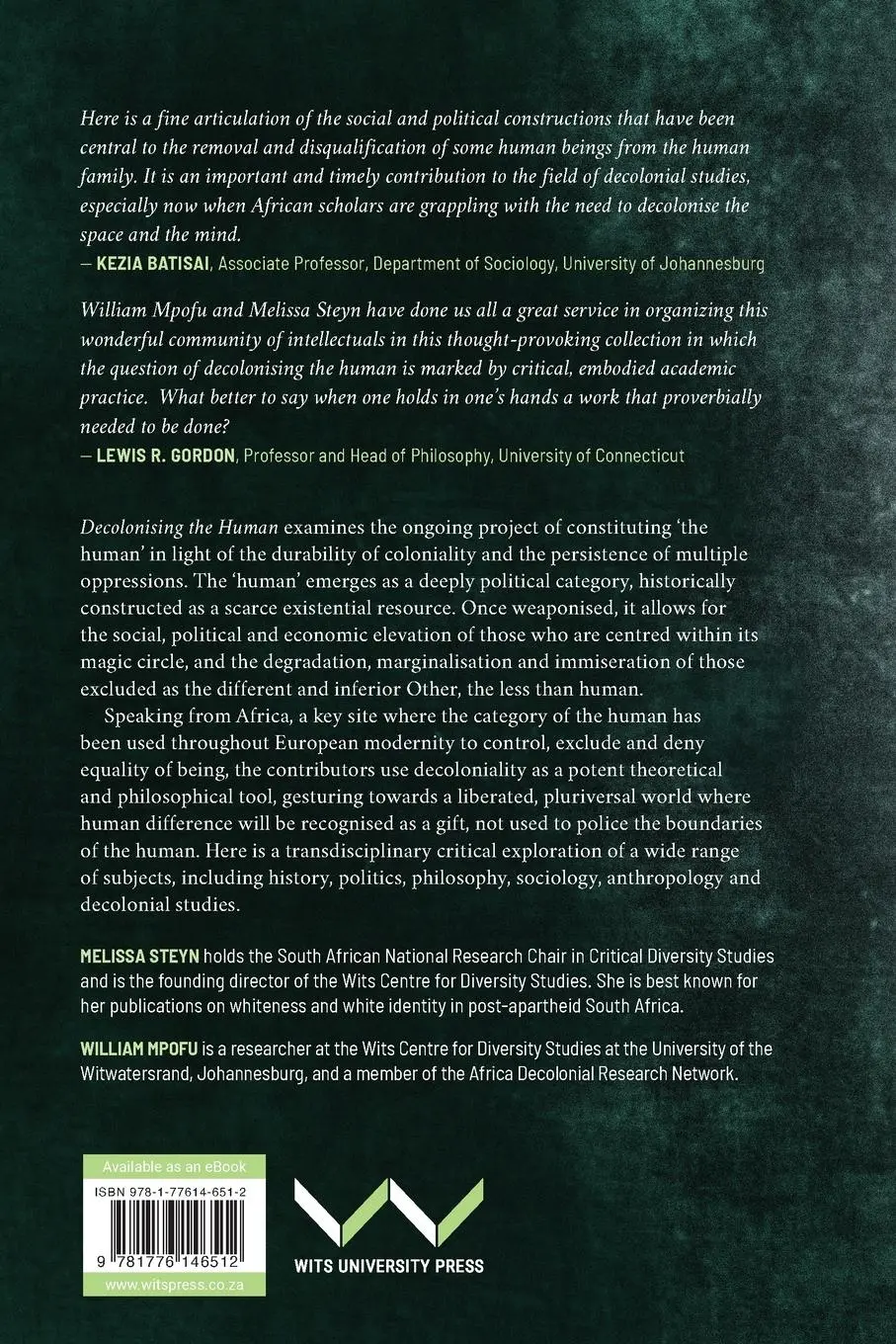 Rückseite: 9781776146512 | Decolonising the Human | Melissa Steyn (u. a.) | Taschenbuch | 2021