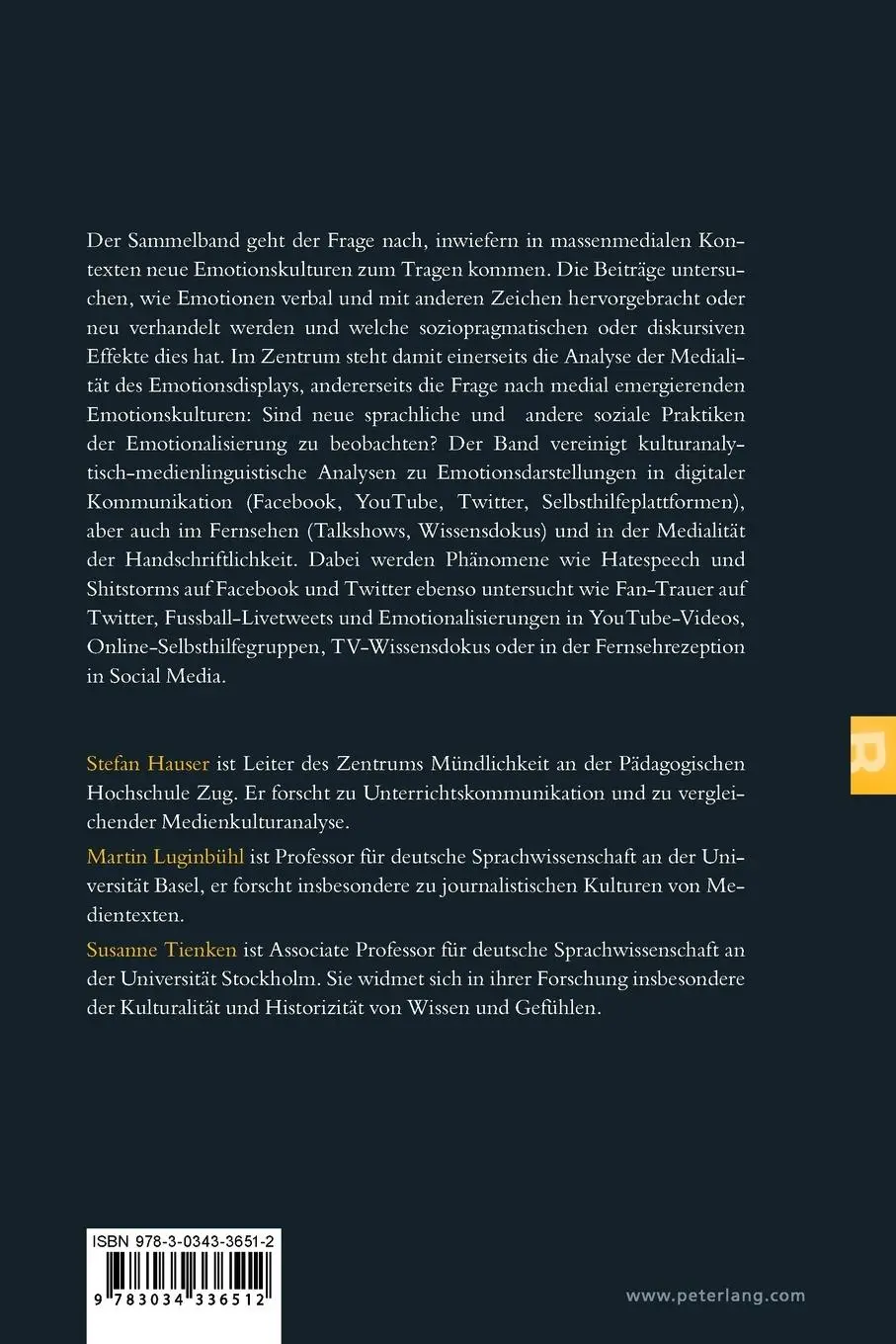Rückseite: 9783034336512 | Mediale Emotionskulturen | Martin Luginbühl (u. a.) | Taschenbuch