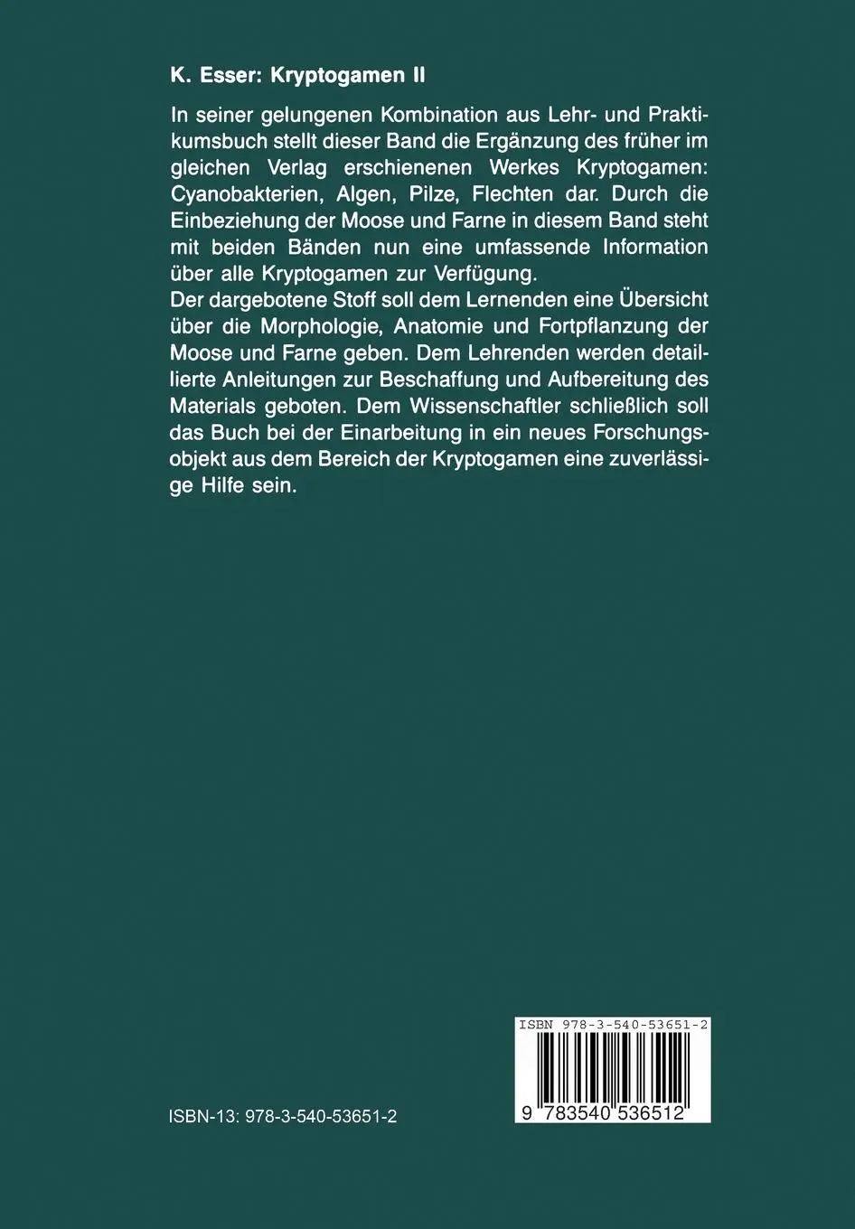 Rückseite: 9783540536512 | Kryptogamen II Moose · Farne | Praktikum und Lehrbuch | Karl Esser | x