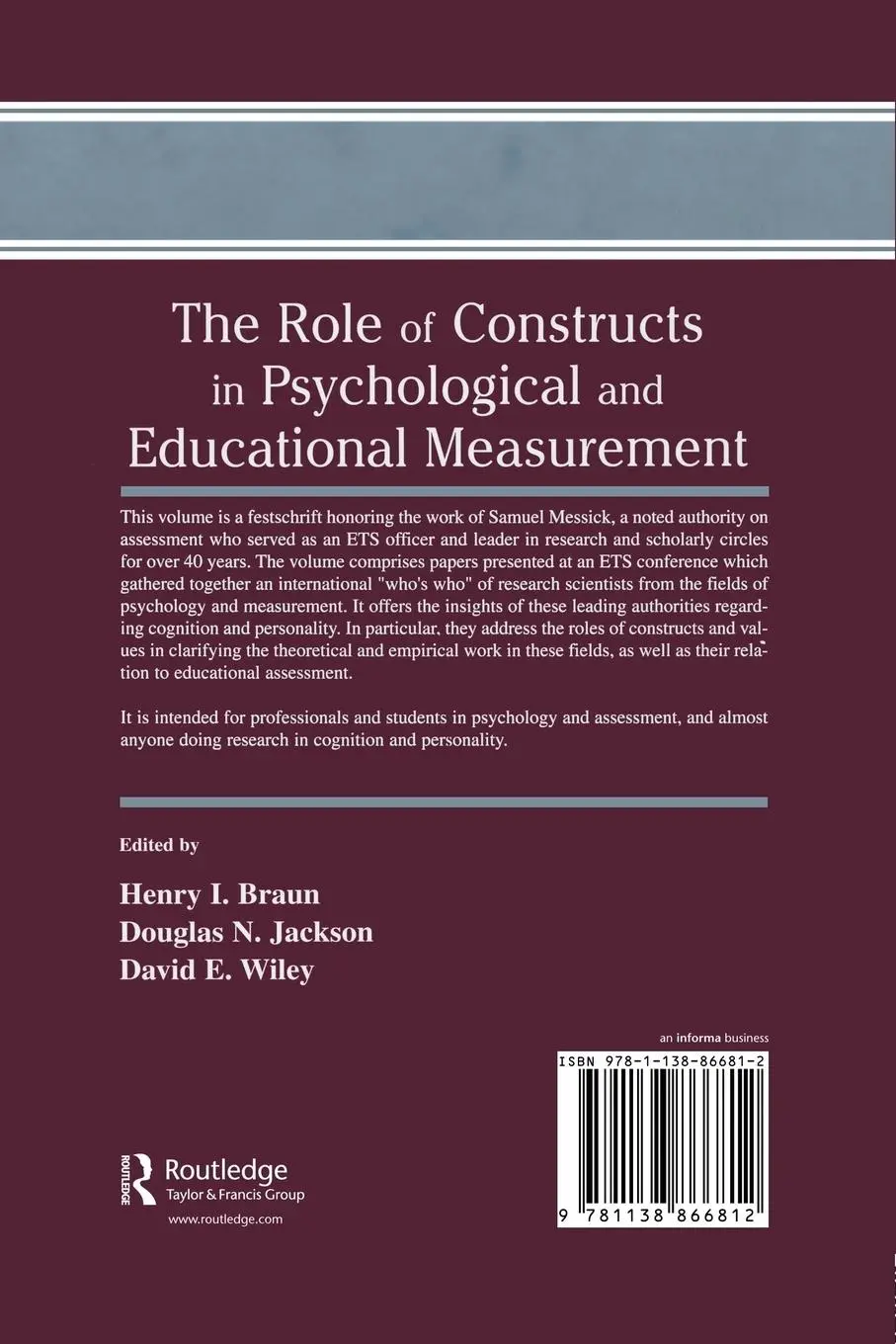 Rückseite: 9781138866812 | The Role of Constructs in Psychological and Educational Measurement