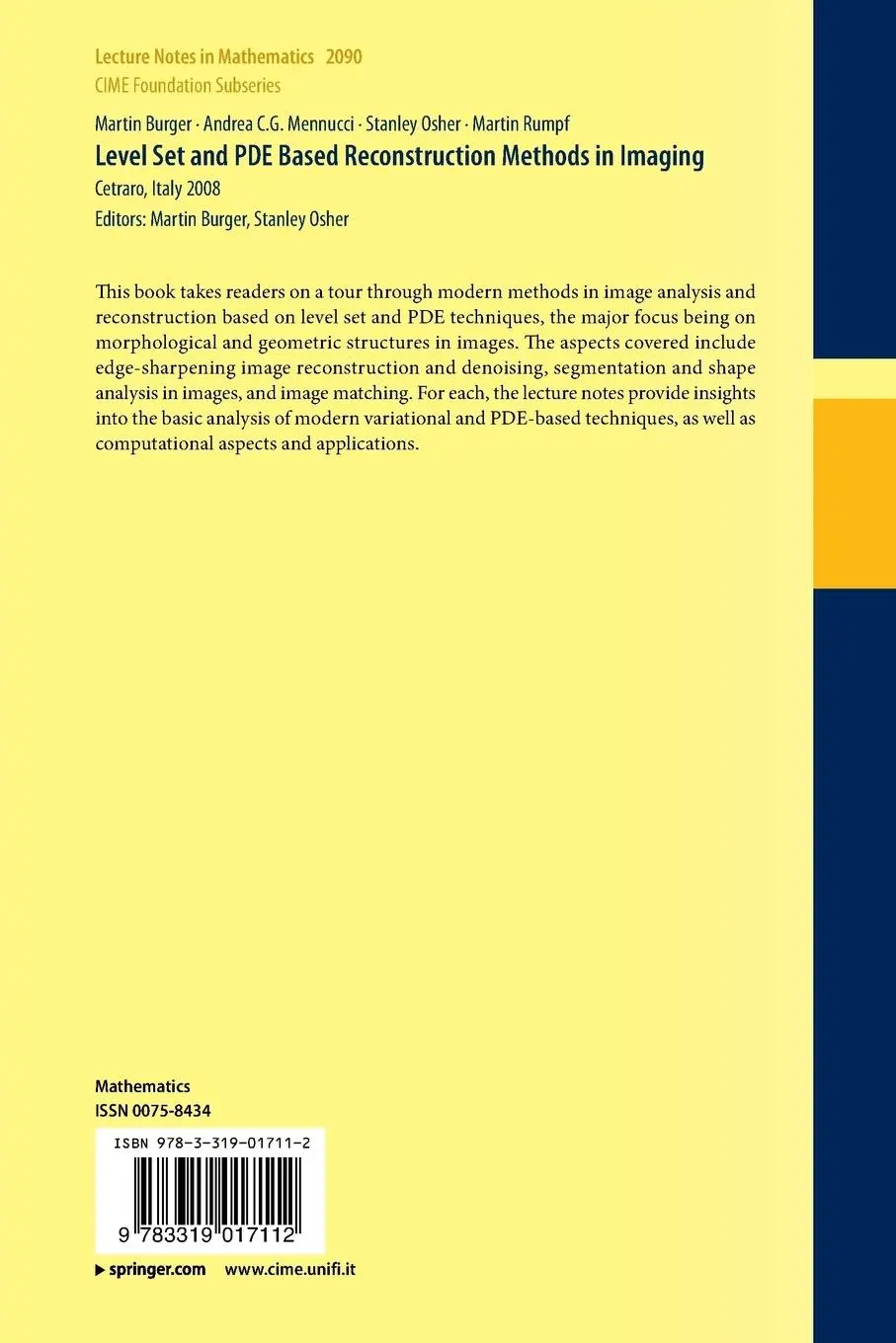 Rückseite: 9783319017112 | Level Set and PDE Based Reconstruction Methods in Imaging | Buch | vii