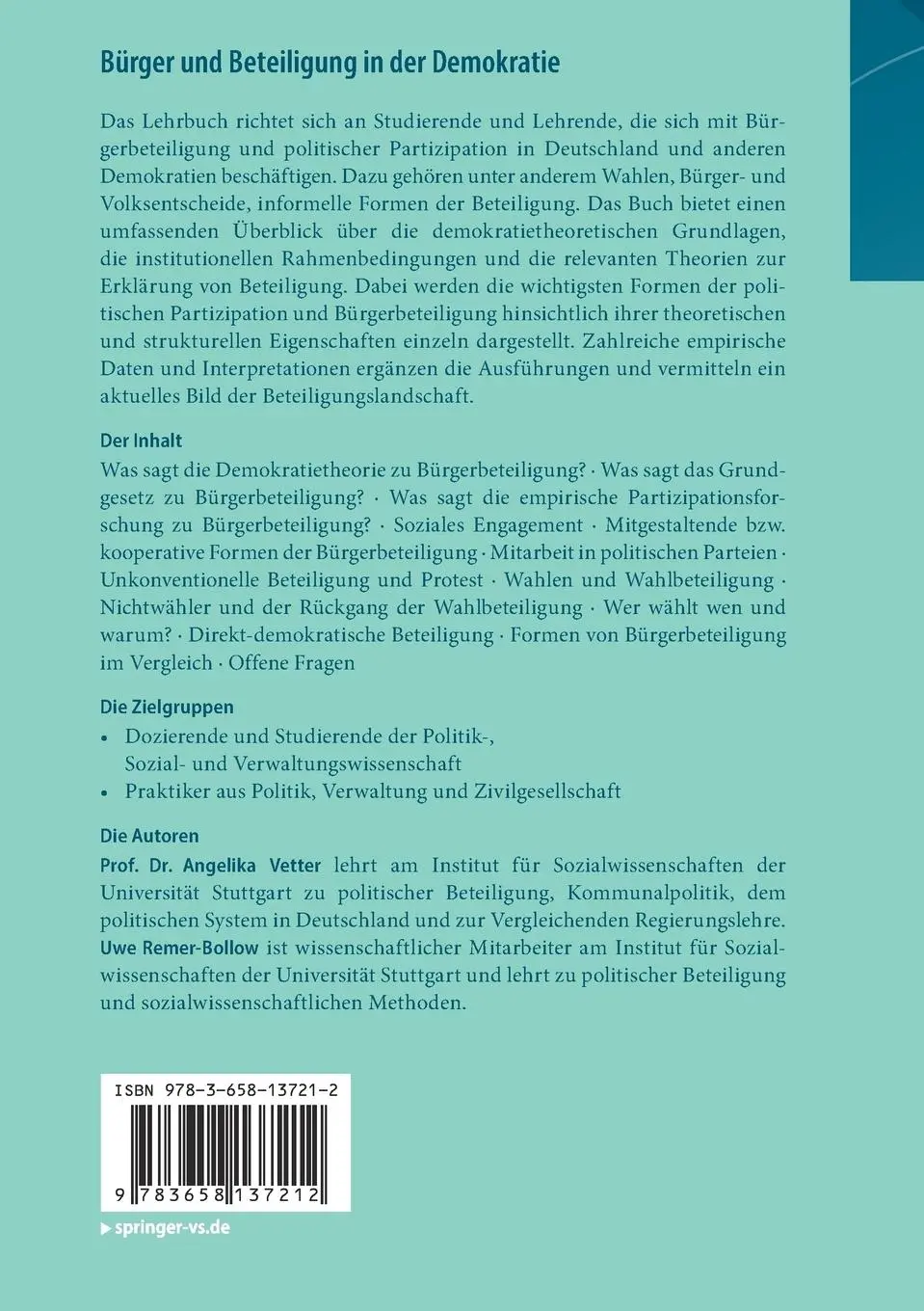 Rückseite: 9783658137212 | Bürger und Beteiligung in der Demokratie | Eine Einführung | Buch