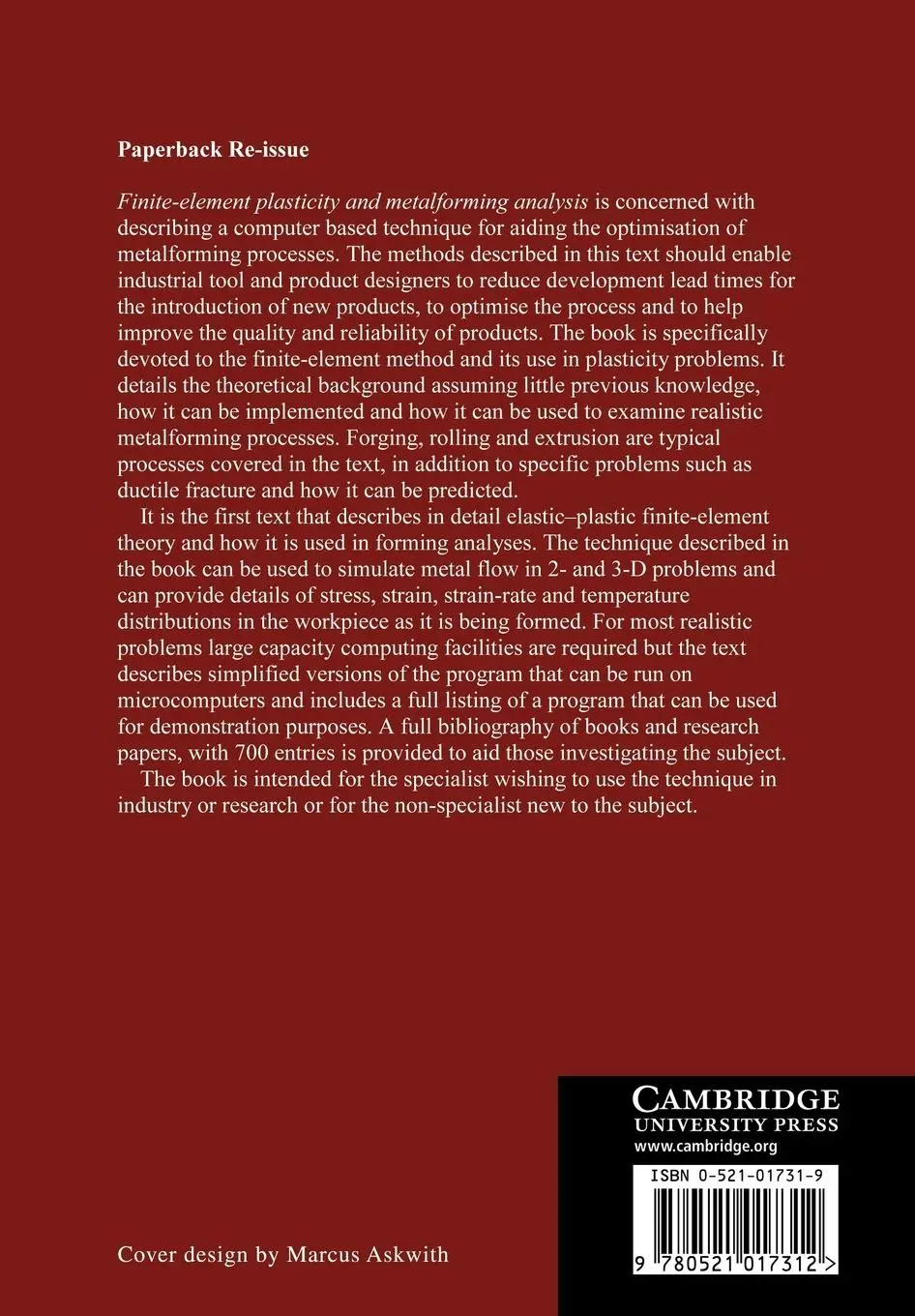 Rückseite: 9780521017312 | Finite-Element Plasticity and Metalforming Analysis | Rowe (u. a.)