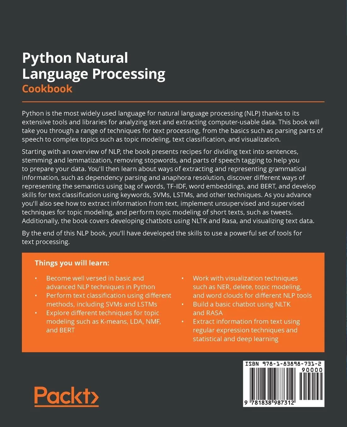 Rückseite: 9781838987312 | Python Natural Language Processing Cookbook | Zhenya Anti¿ | Buch