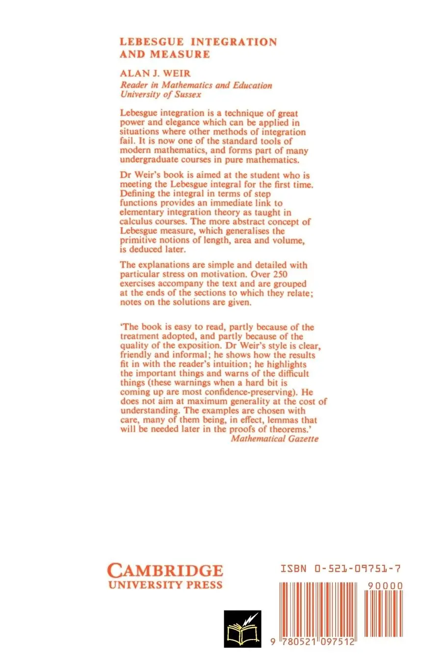 Rückseite: 9780521097512 | Lebesgue Integration and Measure | Alan J. Weir | Taschenbuch | 1999