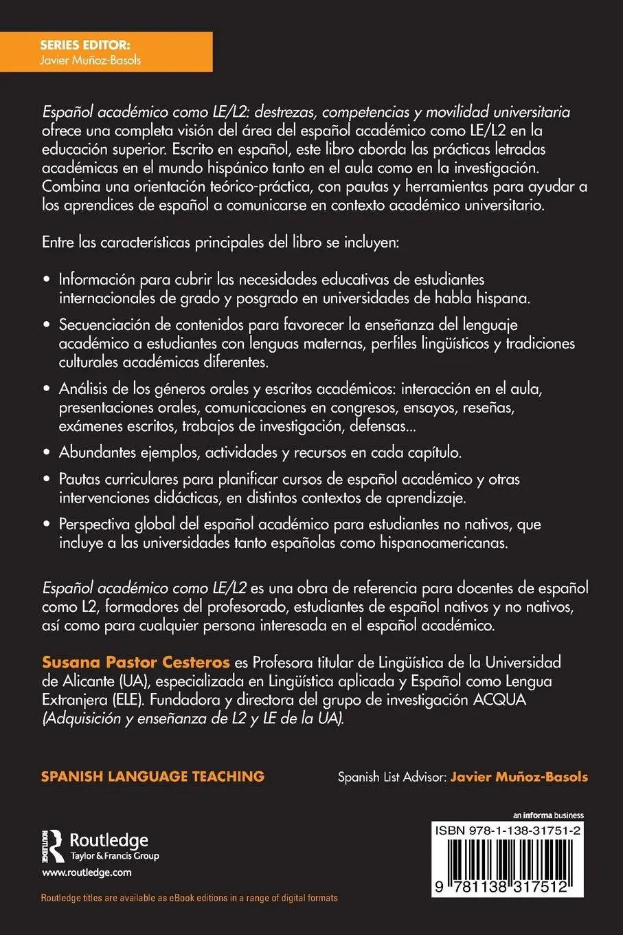 Rückseite: 9781138317512 | Español académico como LE/L2 | Susana Pastor Cesteros | Taschenbuch
