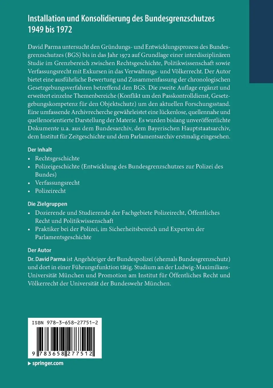 Rückseite: 9783658277512 | Installation und Konsolidierung des Bundesgrenzschutzes 1949 bis 1972
