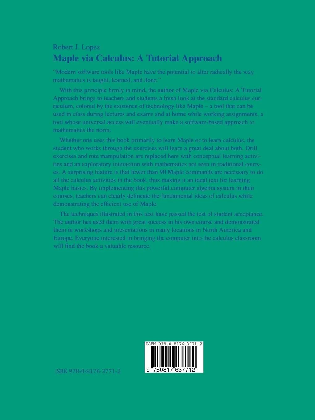 Rückseite: 9780817637712 | Maple via Calculus | A Tutorial Approach | Robert J. Lopez | Buch