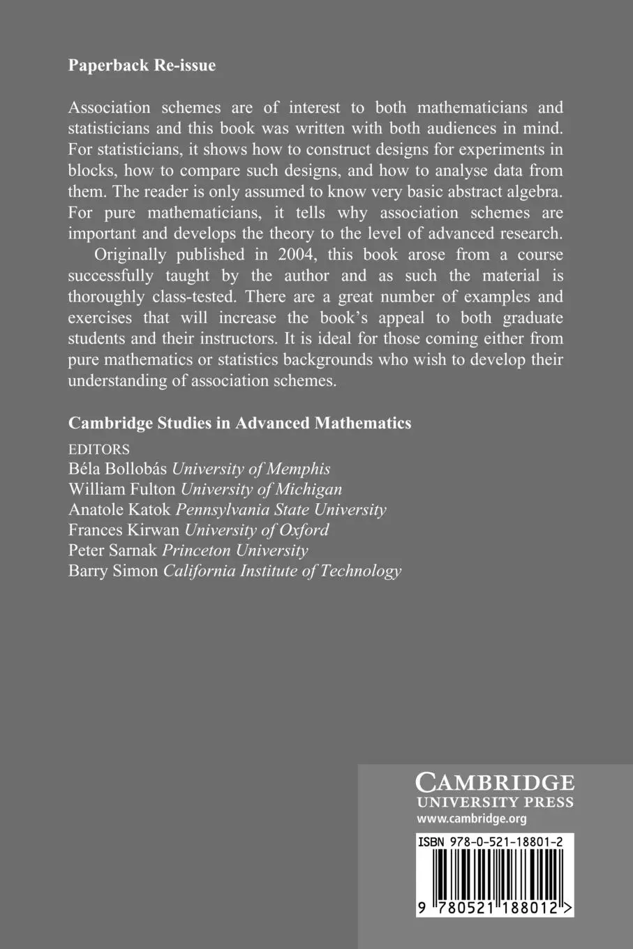 Rückseite: 9780521188012 | Association Schemes | Designed Experiments, Algebra and Combinatorics