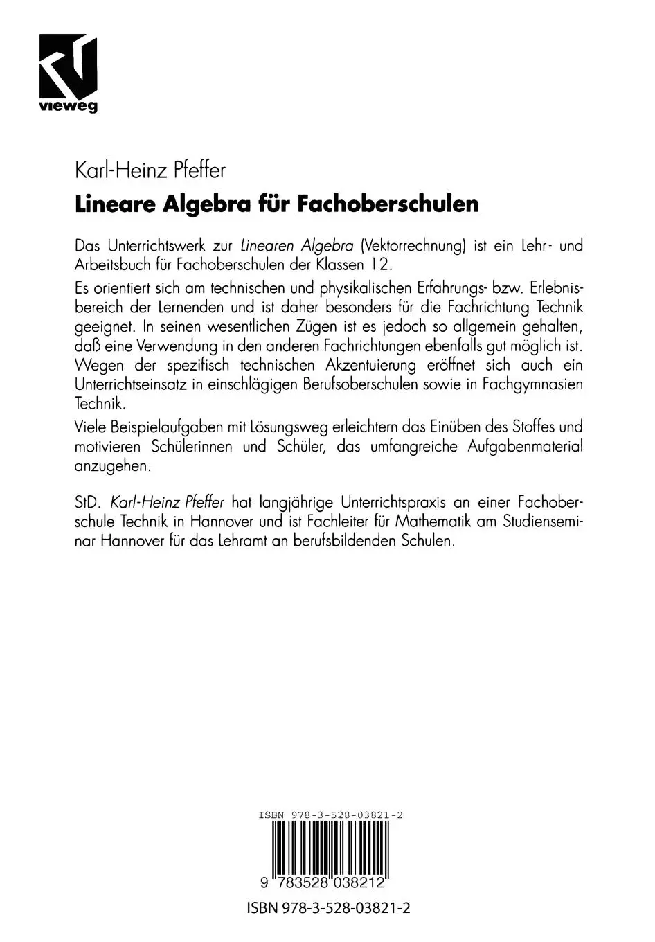 Rückseite: 9783528038212 | Lineare Algebra für Fachoberschulen | Karl-Heinz Pfeffer | Taschenbuch