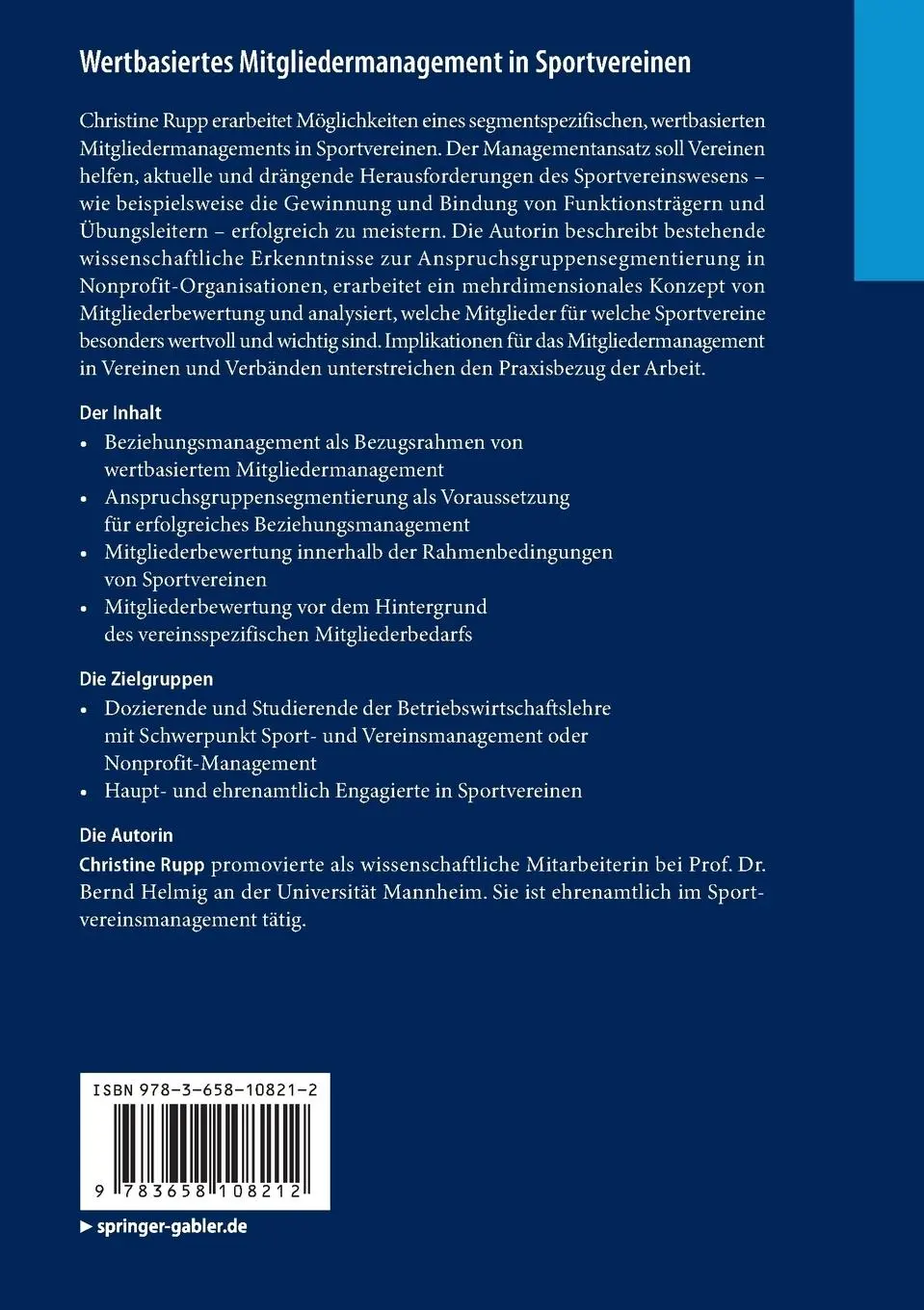 Rückseite: 9783658108212 | Wertbasiertes Mitgliedermanagement in Sportvereinen | Christine Rupp