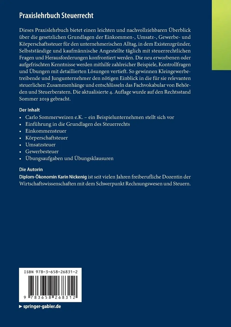 Rückseite: 9783658268312 | Praxislehrbuch Steuerrecht | Karin Nickenig | Taschenbuch | xii | 2019