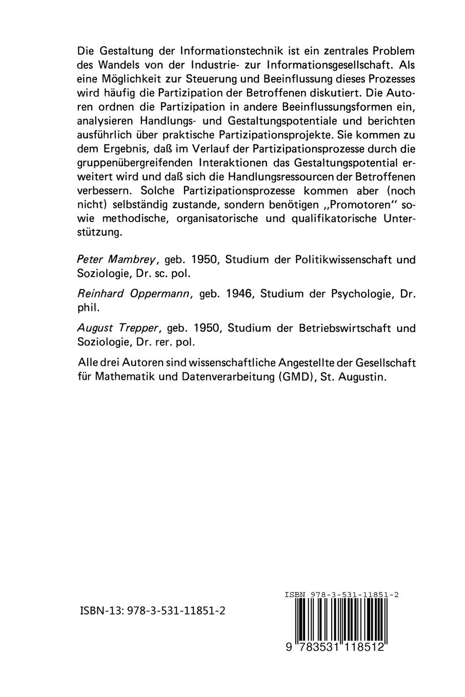 Rückseite: 9783531118512 | Computer und Partizipation | Peter Mambrey (u. a.) | Taschenbuch