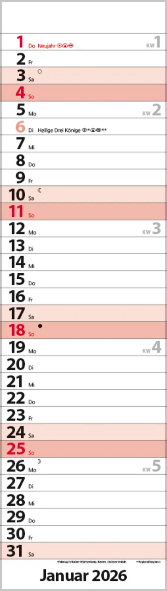 Bild: 9783731888512 | Streifenplaner Mini Rot 2026 | Verlag Korsch | Kalender | 13 S. | 2026