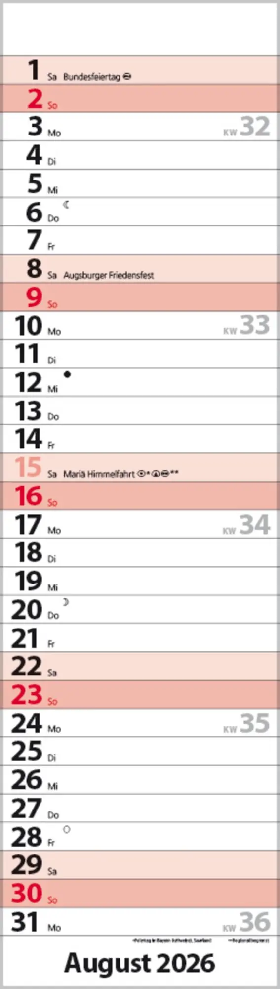 Bild: 9783731888512 | Streifenplaner Mini Rot 2026 | Verlag Korsch | Kalender | 13 S. | 2026