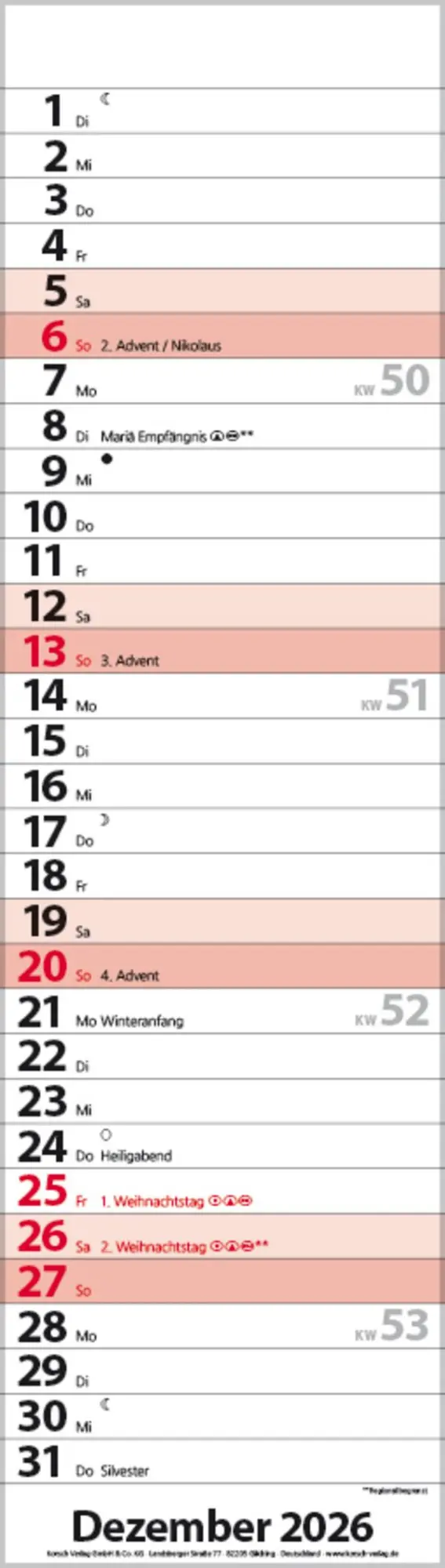 Bild: 9783731888512 | Streifenplaner Mini Rot 2026 | Verlag Korsch | Kalender | 13 S. | 2026