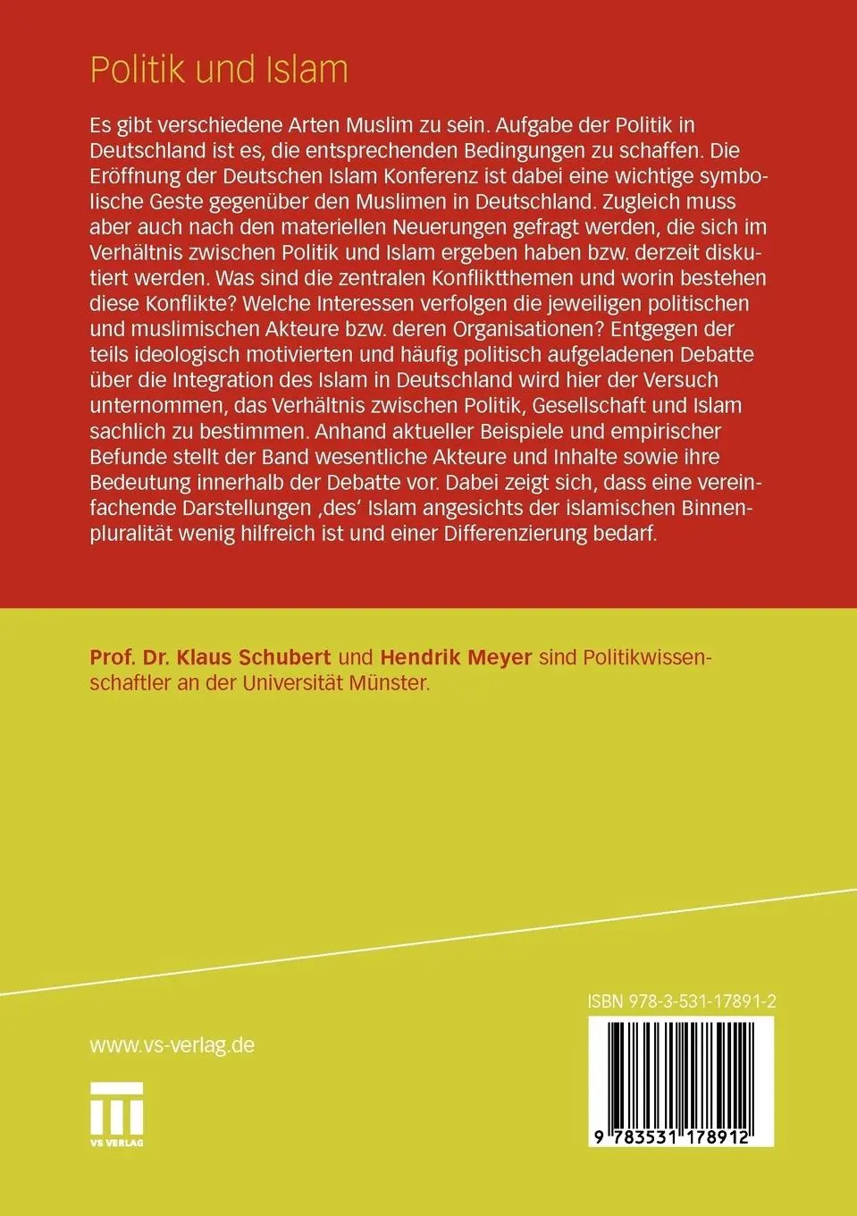 Rückseite: 9783531178912 | Politik und Islam | Klaus Schubert (u. a.) | Taschenbuch | 313 S.