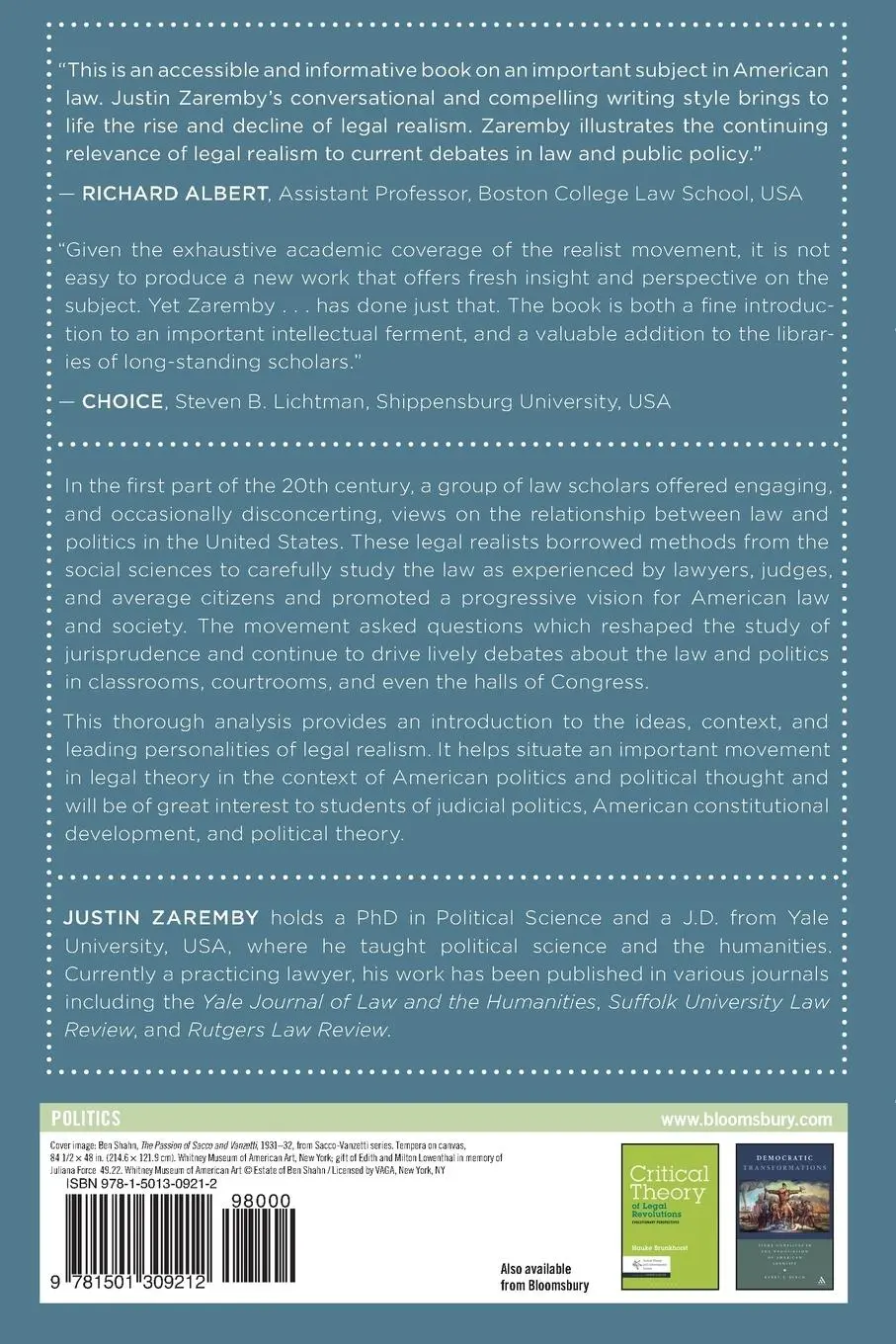 Rückseite: 9781501309212 | Legal Realism and American Law | Justin Zaremby | Taschenbuch | 2015