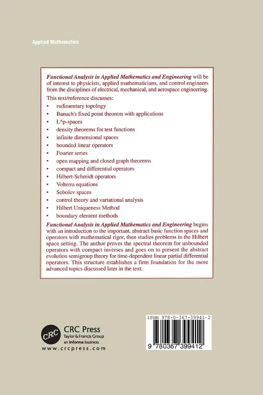 Rückseite: 9780367399412 | Functional Analysis in Applied Mathematics and Engineering | Pedersen