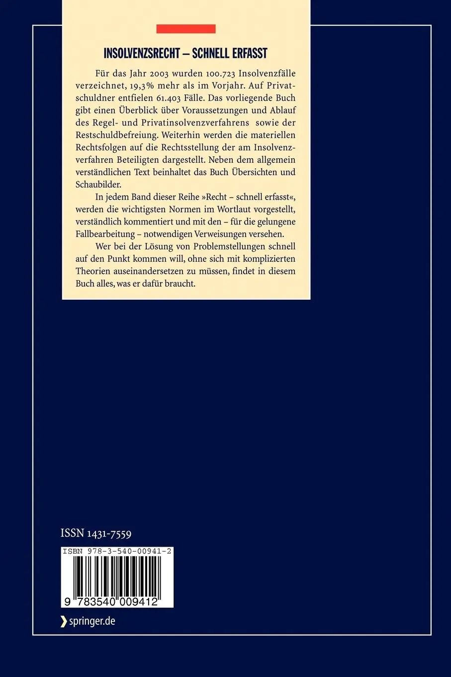 Rückseite: 9783540009412 | Insolvenzrecht - Schnell erfasst | Hermann Fenger | Taschenbuch | viii