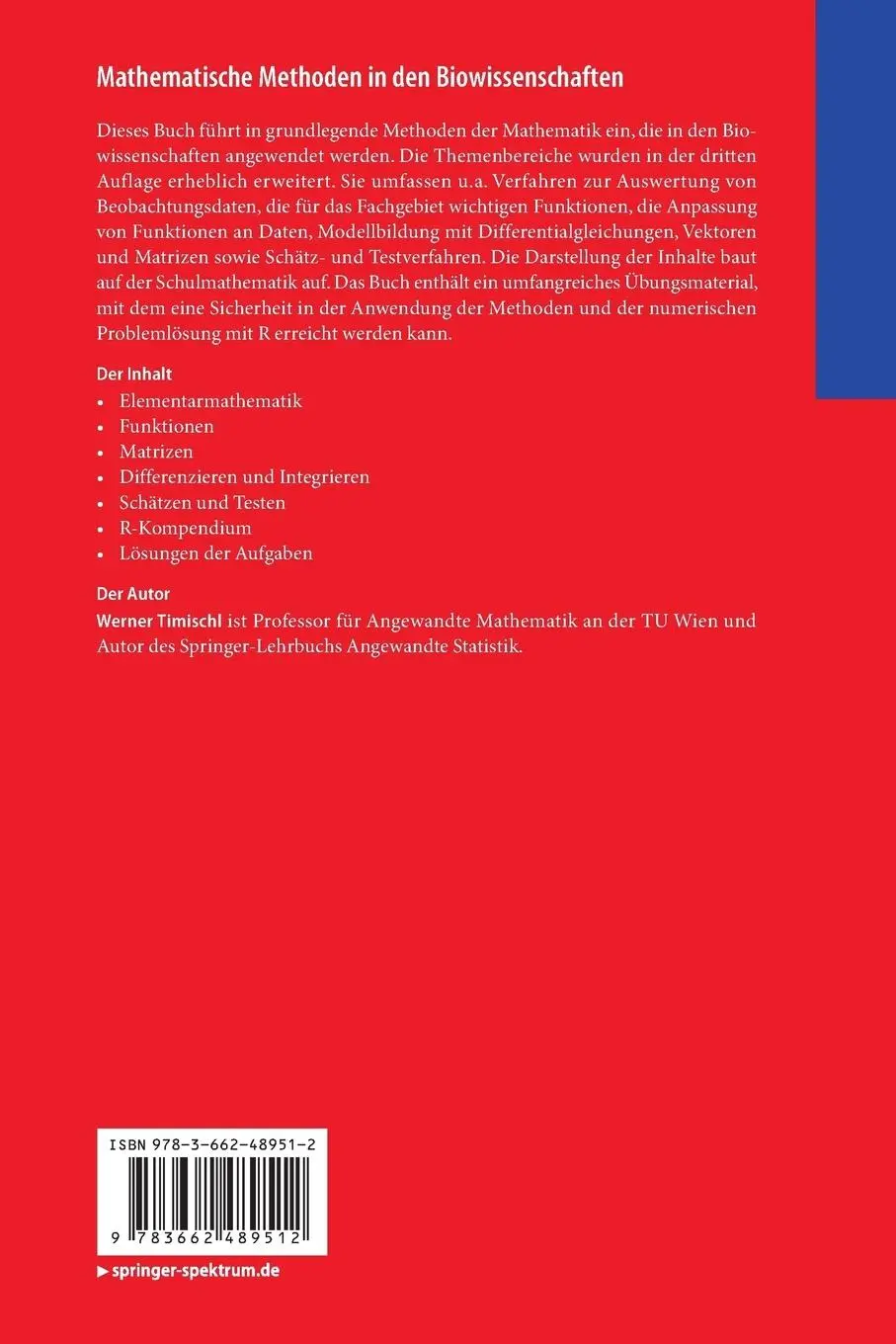 Rückseite: 9783662489512 | Mathematische Methoden in den Biowissenschaften | Werner Timischl
