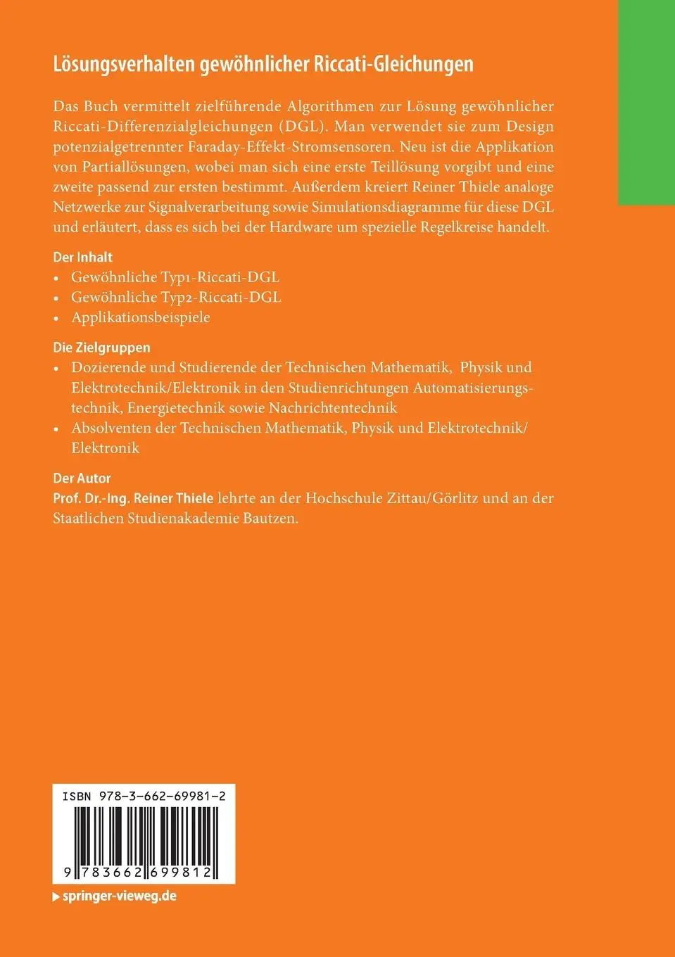 Rückseite: 9783662699812 | Lösungsverhalten gewöhnlicher Riccati-Gleichungen | Reiner Thiele | x