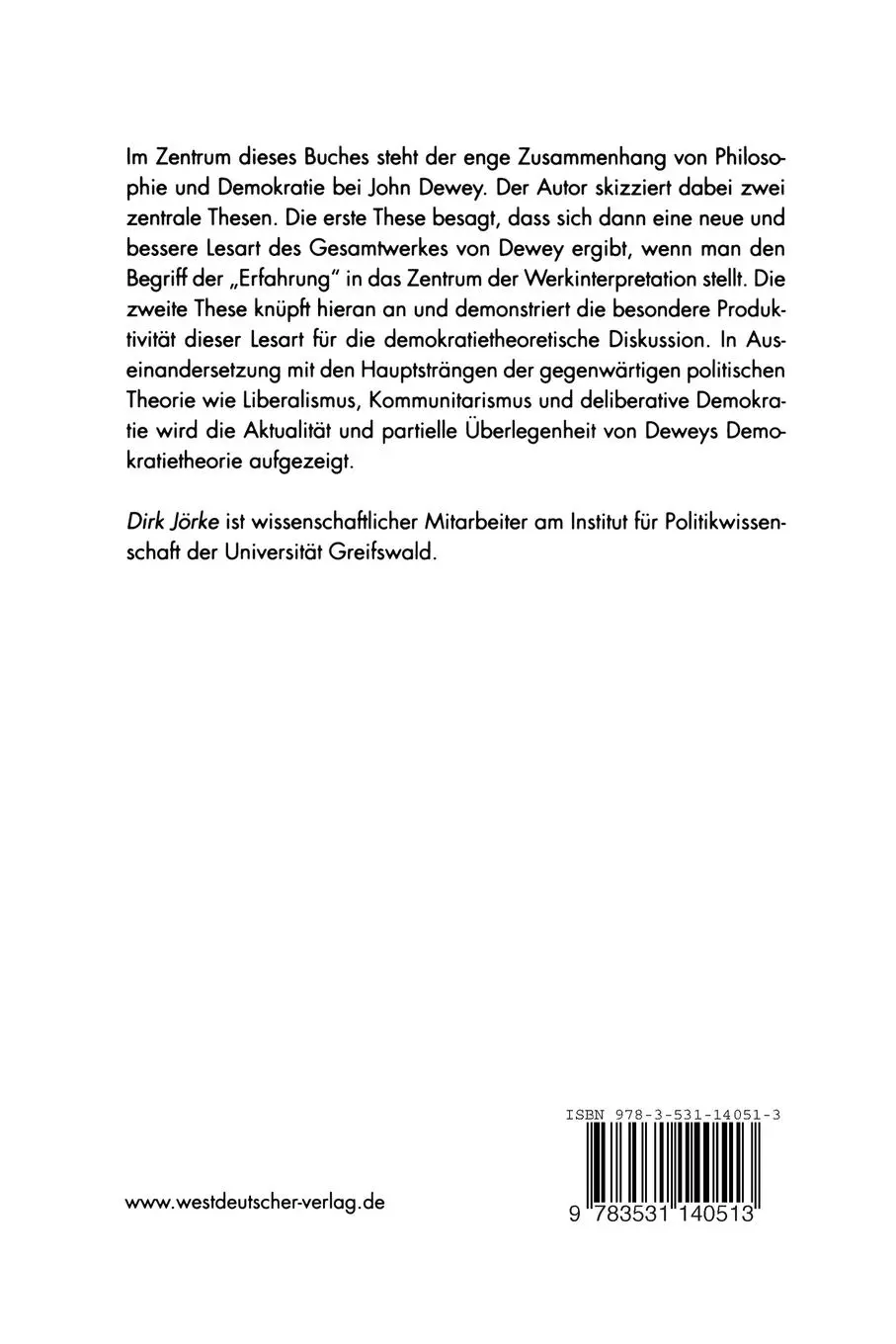 Rückseite: 9783531140513 | Demokratie als Erfahrung | Dirk Jörke | Taschenbuch | 261 S. | Deutsch