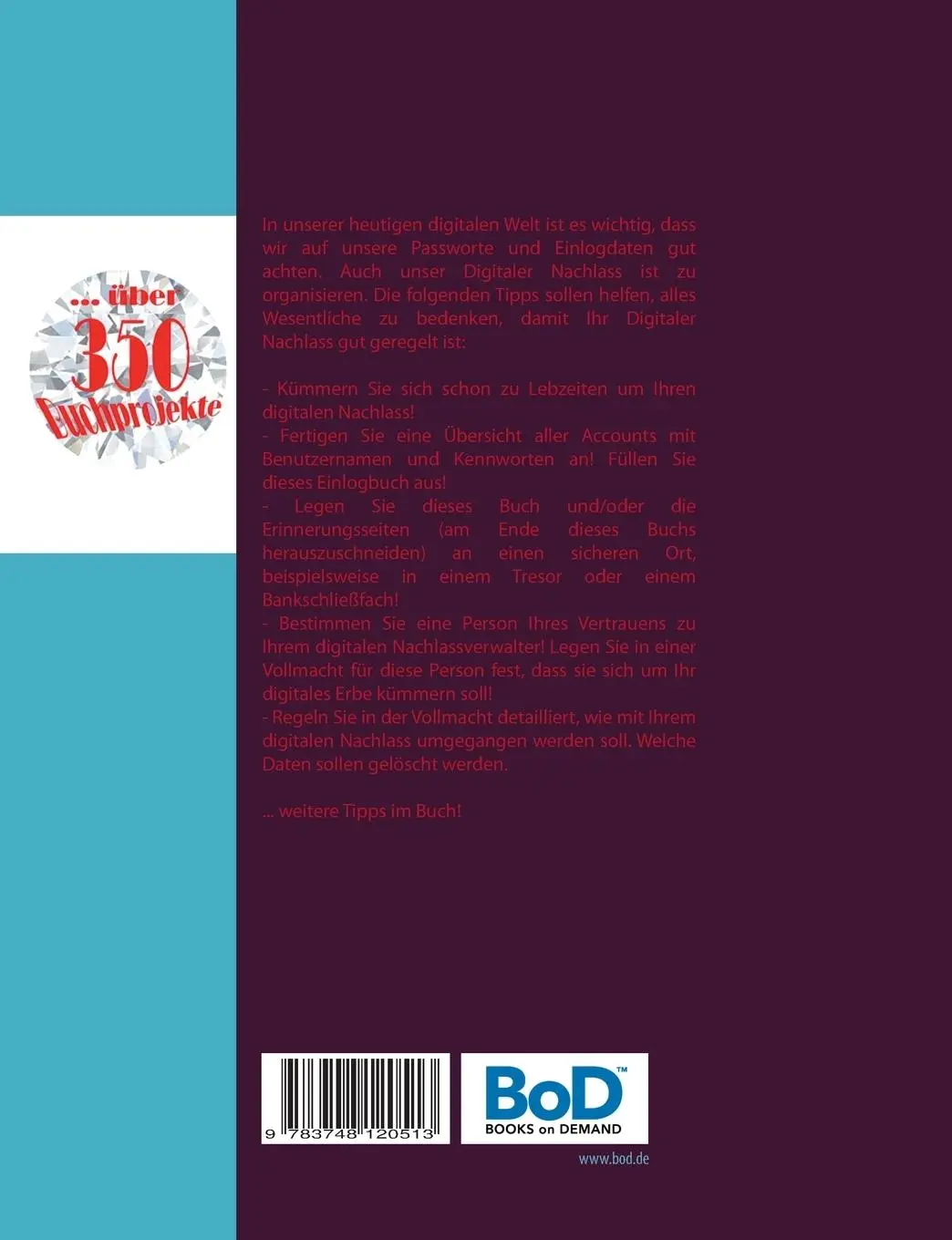 Rückseite: 9783748120513 | Passwort Liste/Buch - digitaler Nachlass/Erbe - Erinnerungsbuch -...