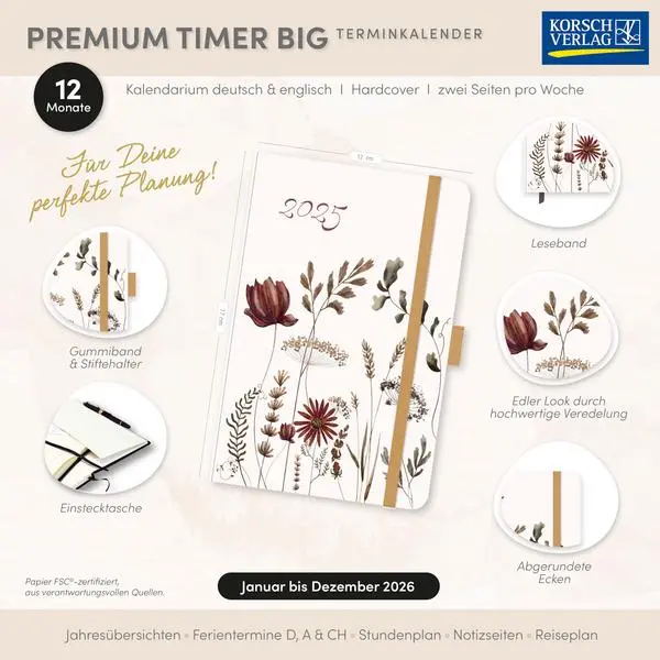 Bild: 9783731890713 | Premium Timer Big "Herbstblumen" 2026 | Verlag Korsch | Buch | 144 S.