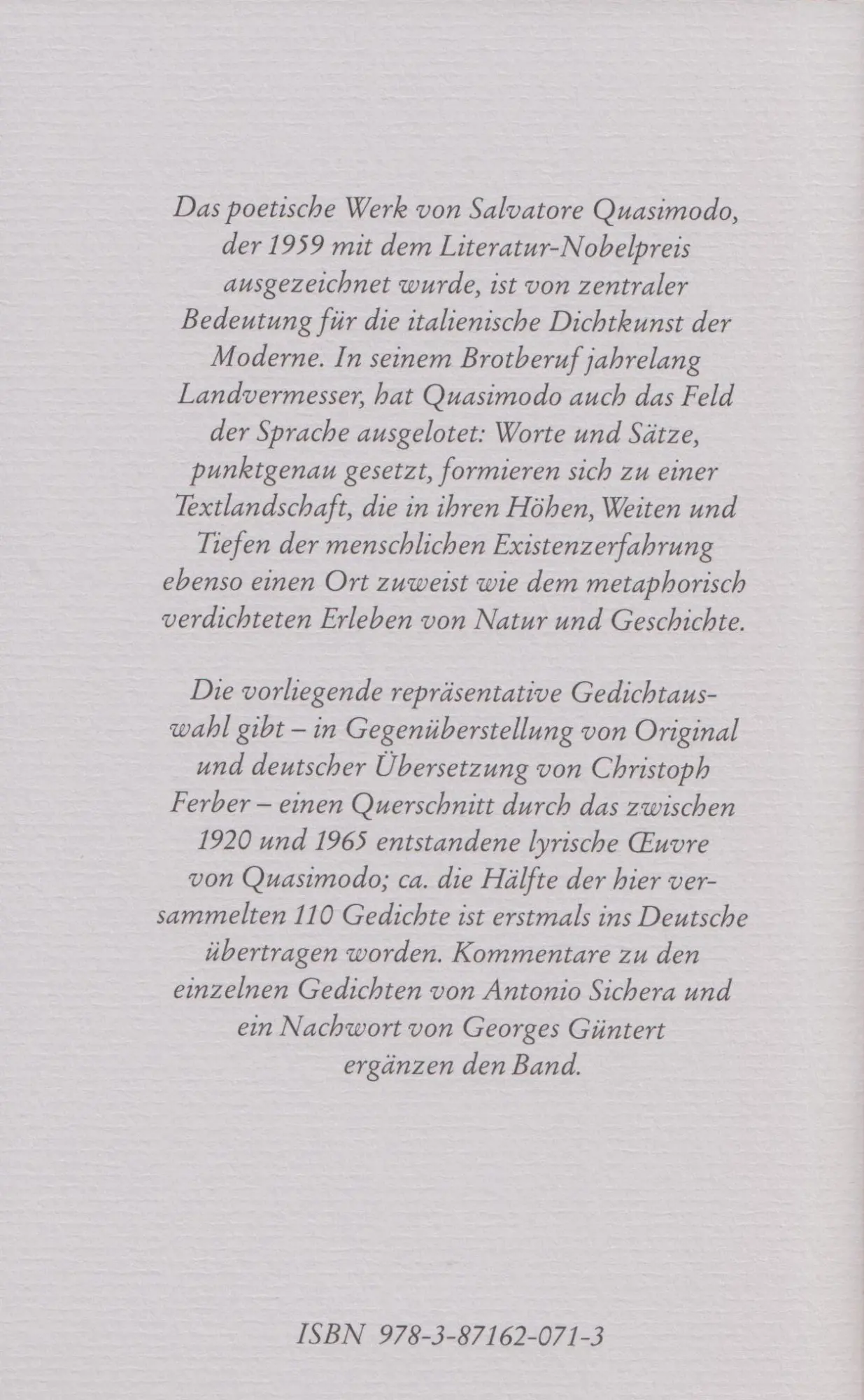 Rückseite: 9783871620713 | Gedichte | 1920-1965. Italienisch - Deutsch | Salvatore Quasimodo
