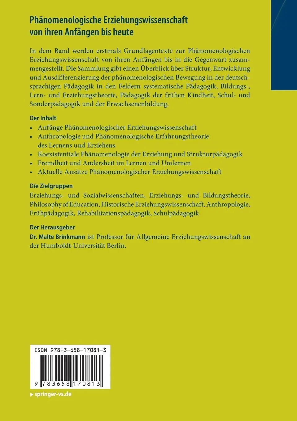 Rückseite: 9783658170813 | Phänomenologische Erziehungswissenschaft von ihren Anfängen bis heute