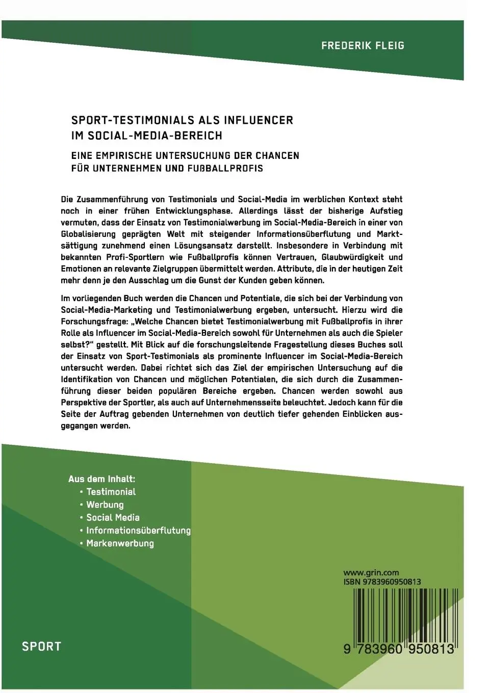 Rückseite: 9783960950813 | Sport-Testimonials als Influencer im Social-Media-Bereich | Fleig