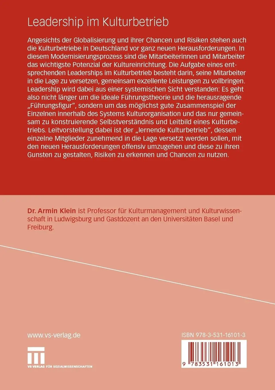 Rückseite: 9783531161013 | Leadership im Kulturbetrieb | Armin Klein | Taschenbuch | 153 S.
