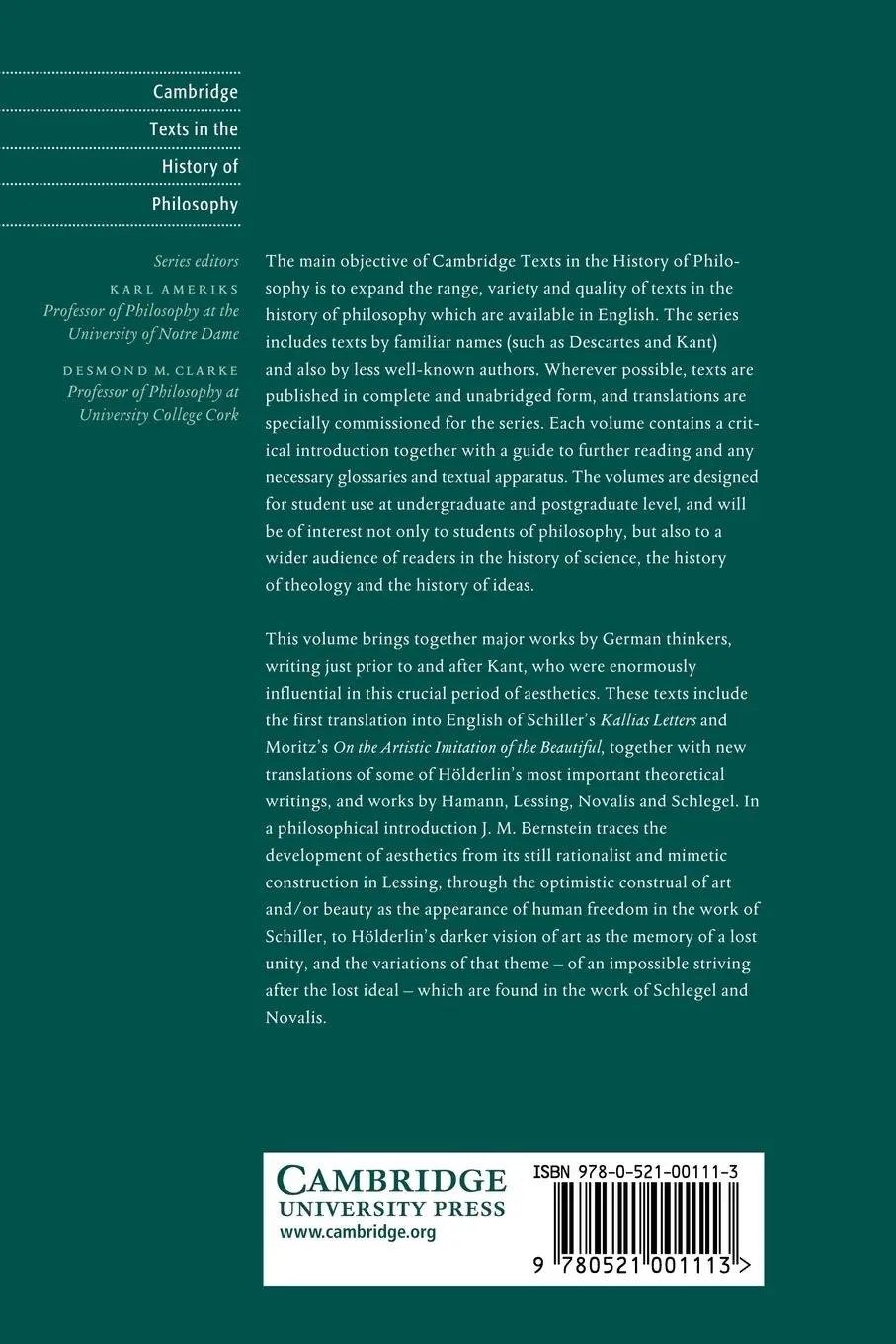 Rückseite: 9780521001113 | Classic and Romantic German Aesthetics | Jay Bernstein (u. a.) | Buch